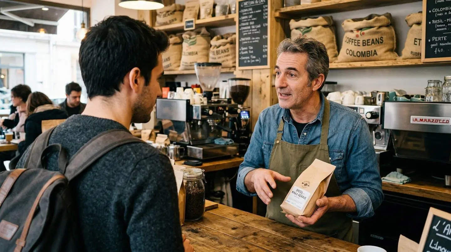 Discussion entre un torréfacteur et un client dans une boutique de café artisanale
