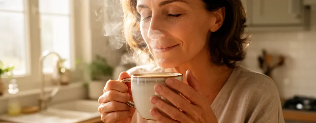 Femme savourant l'arôme d'une tasse de café fumante le matin