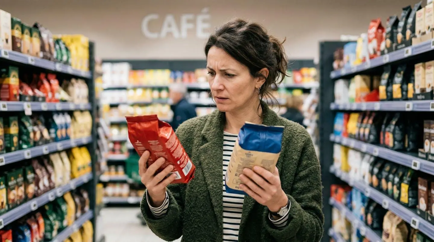 Consommatrice hésitant entre deux paquets de café en rayon supermarché