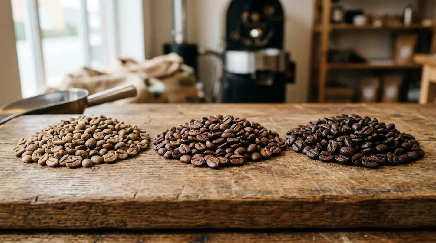 Trois tas de grains de café montrant différents niveaux de torréfaction du clair au foncé