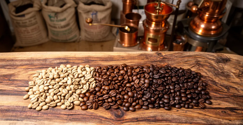 Assortiment de grains de café torréfiés clairs à foncés sur planche bois