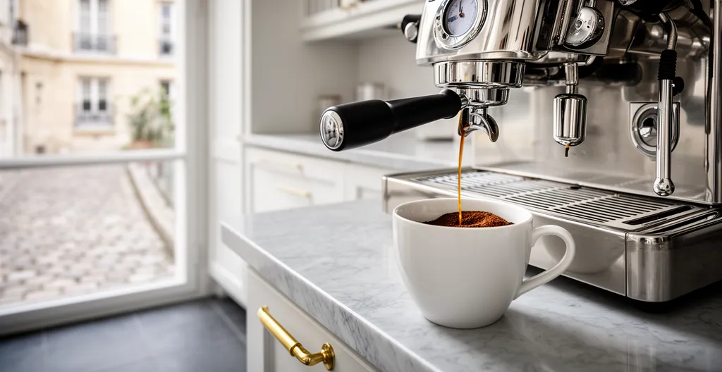 Machine expresso domestique en cours d'extraction dans cuisine moderne