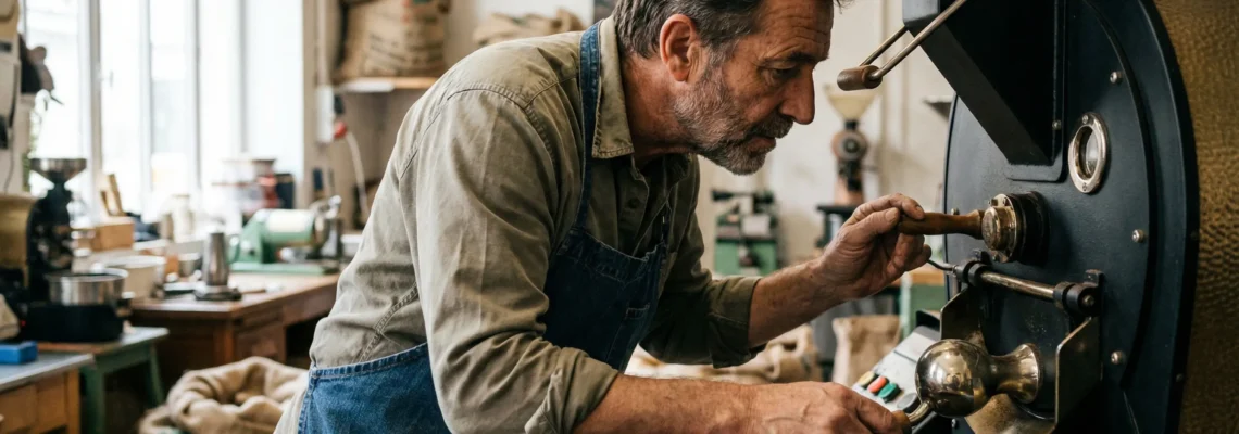 Torréfacteur observant la couleur des grains dans un atelier de torréfaction